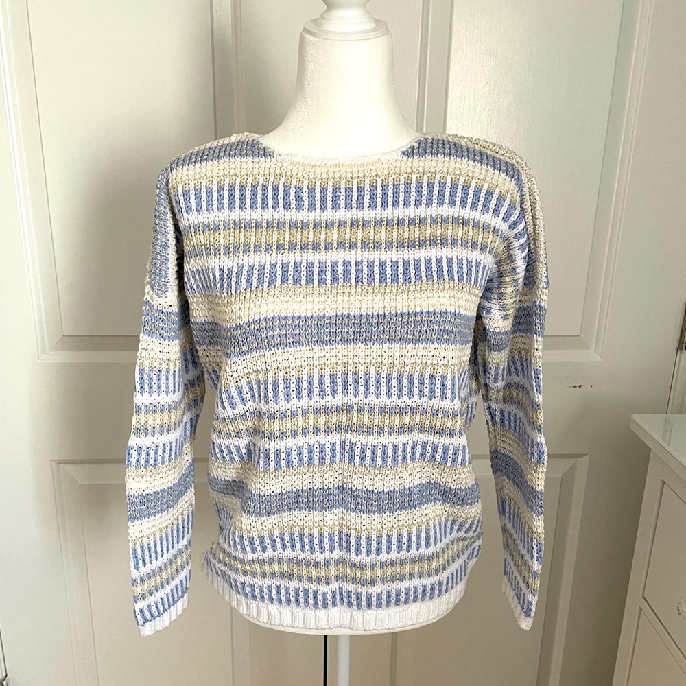 Loft White/Blue/Gold Scoop Neck Sweater